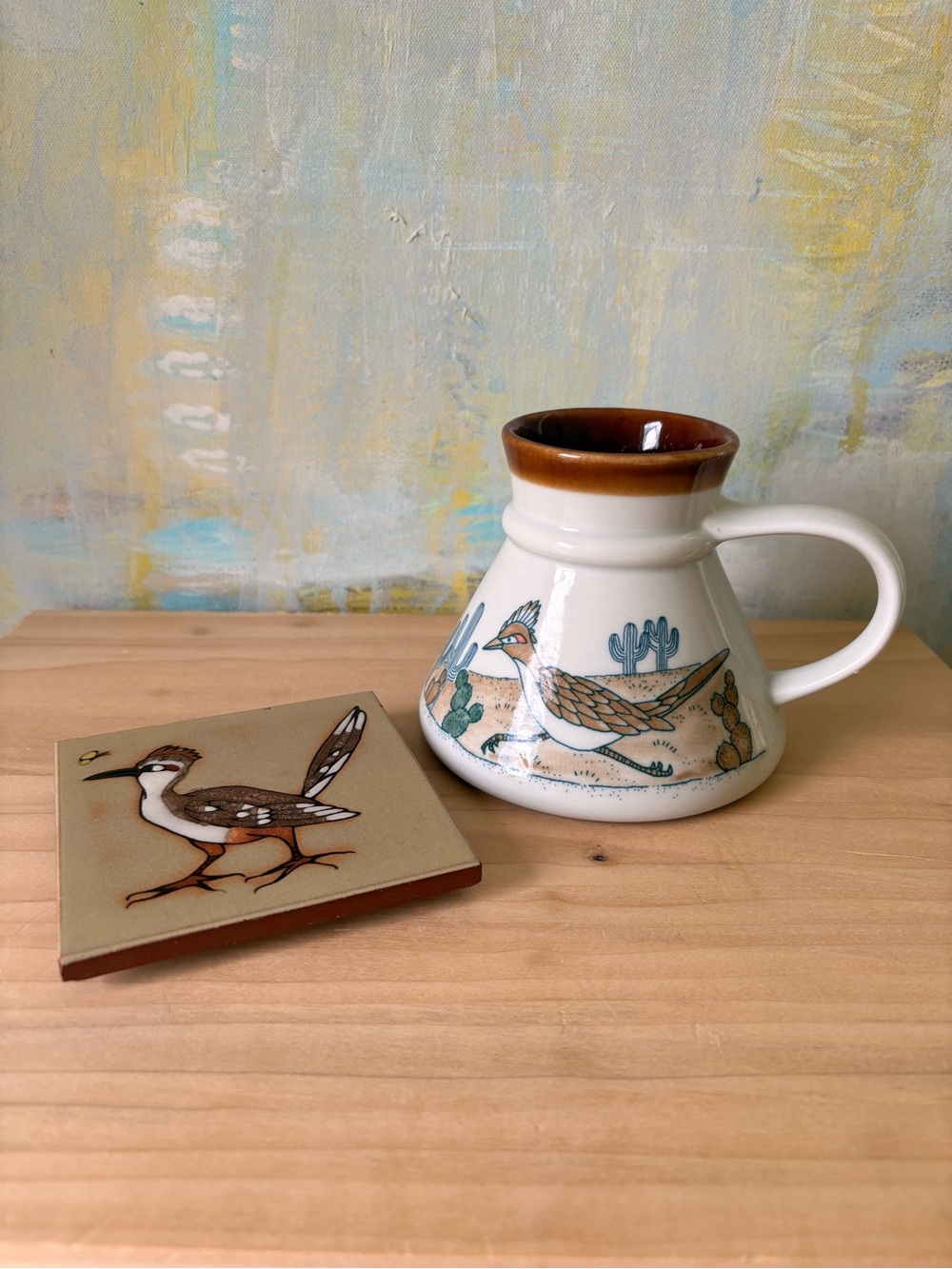 Vintage Roadrunner Coffee Mug and Coaster - White, Brown, Teal